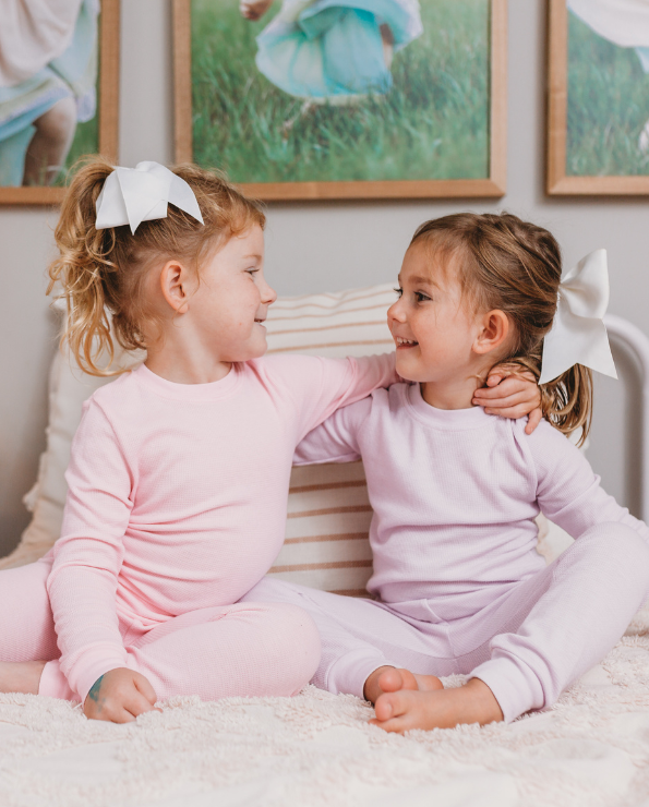Girls Soft & Cozy Thermal 2-Piece Long Johns | Teal w- Light Pink Stitch