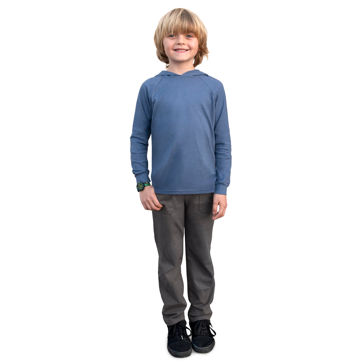 Boys Soft 100% Cotton Medium-Weight Long Sleeve Hooded Tee With Cuffs | Denim Blue