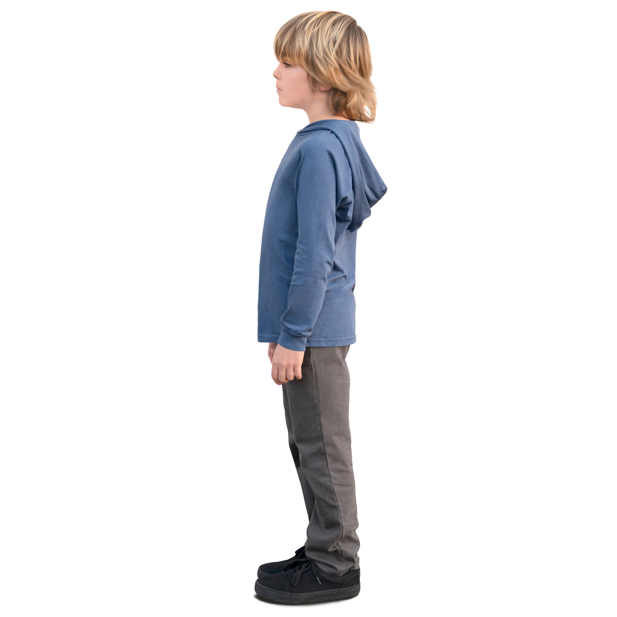 Boys Soft 100% Cotton Medium-Weight Long Sleeve Hooded Tee With Cuffs | Denim Blue