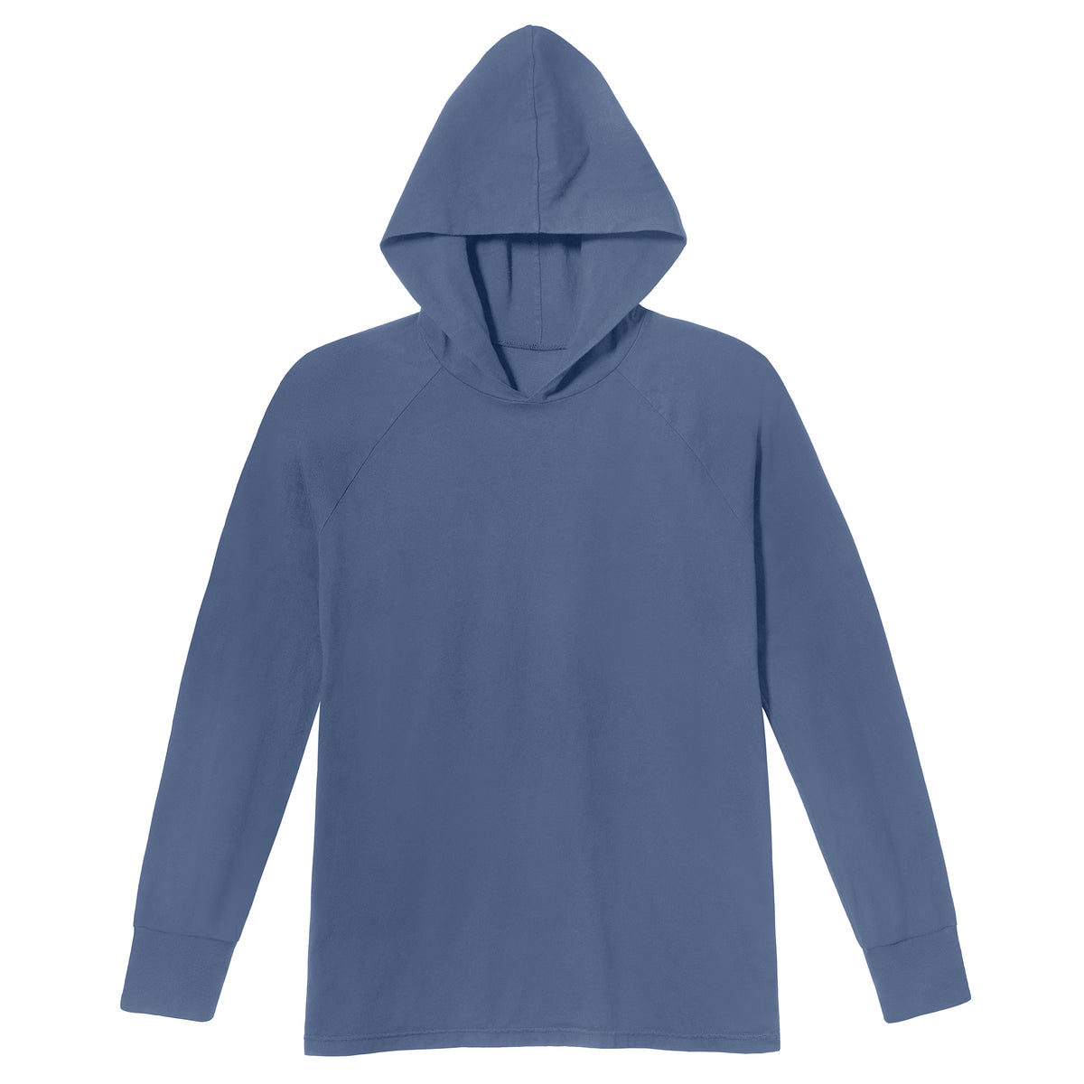 Men&#39;s Soft 100% Cotton Medium-Weight Long Sleeve Hooded Tee With Cuffs | Denim Blue