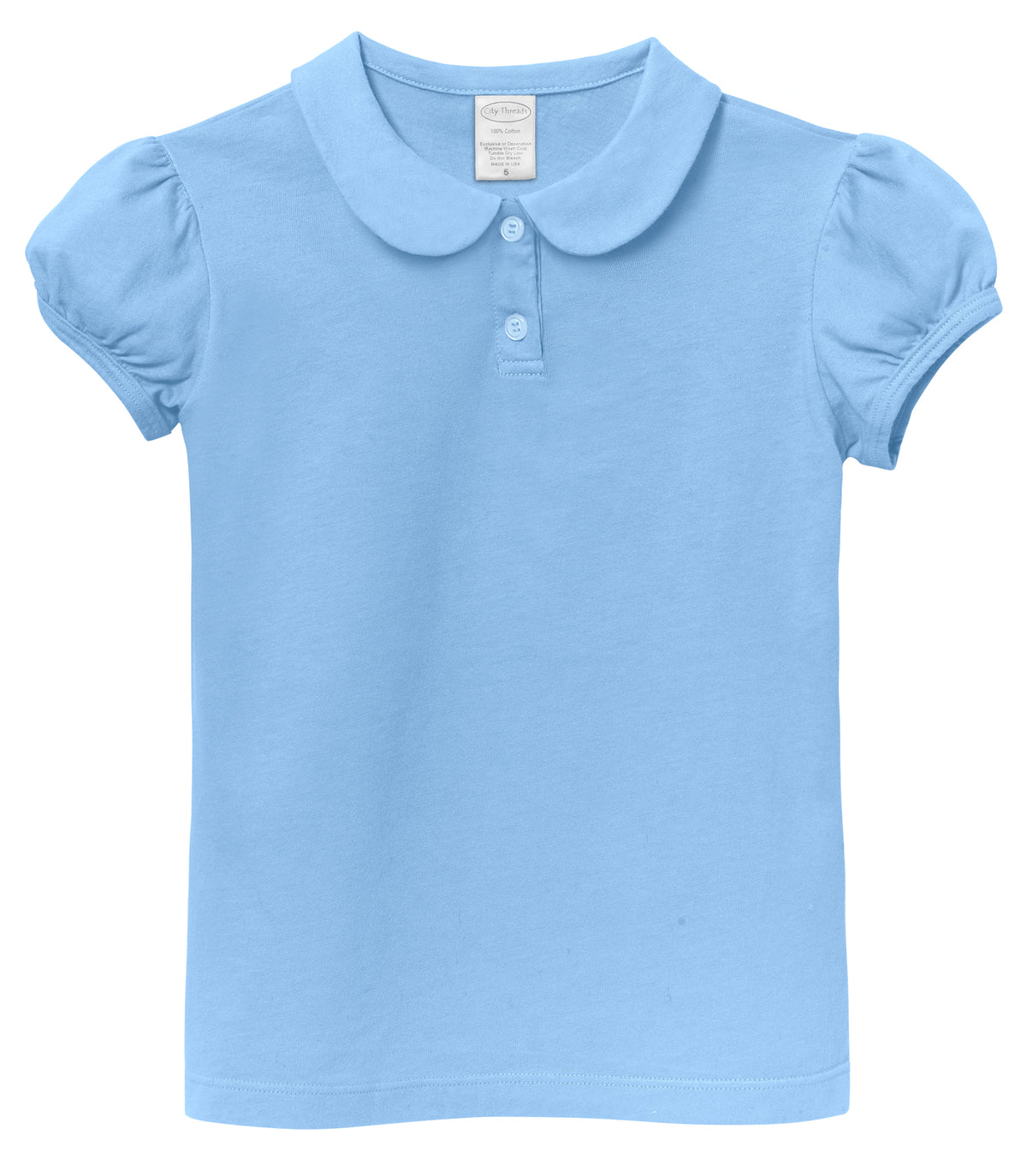 Girls Soft Cotton Jersey Peter Pan Collar Polo Puff Short Sleeve Tee-Seconds | Damage Bright Light Blue