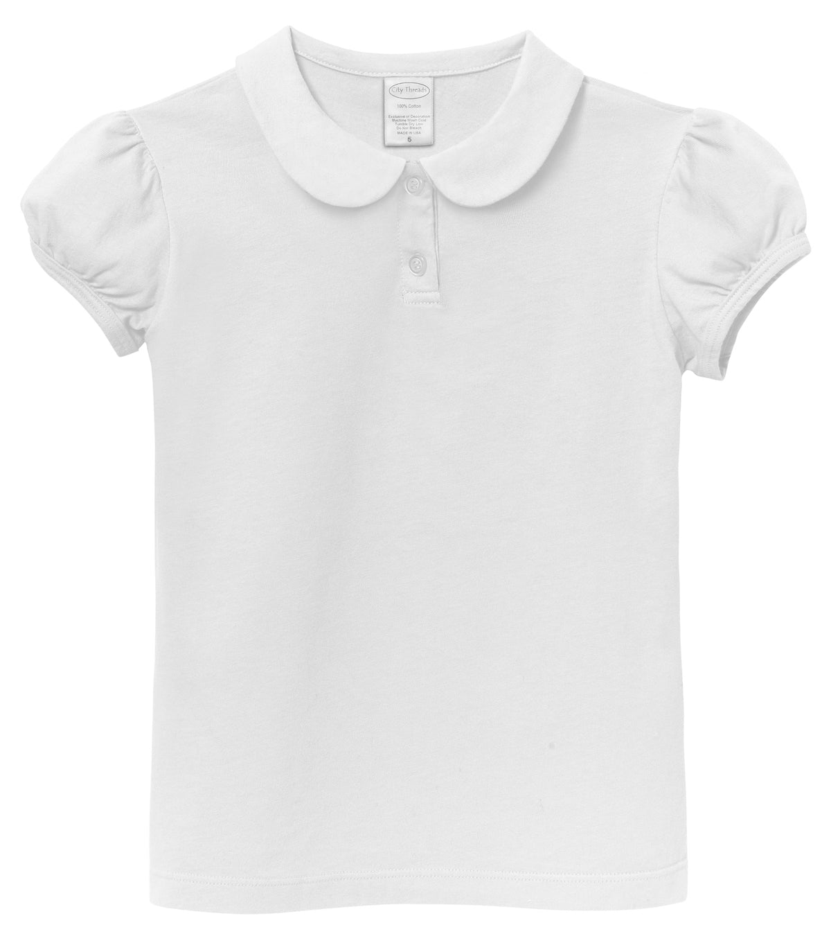 Girls Soft Cotton Jersey Peter Pan Collar Polo Puff Short Sleeve Tee-Seconds | Damage White