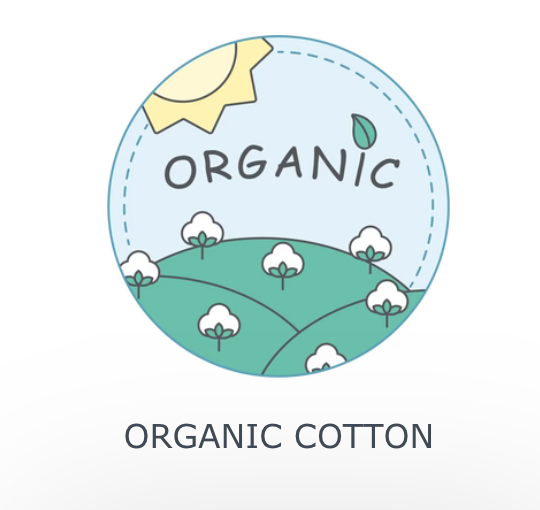 The icon we use when a product is organic. Circle with greenery and cotton with a sun. 