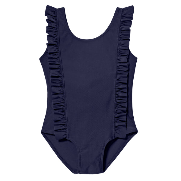 Girls UPF 50+ One-Piece Ruffle Front Swimsuit | Navy - City Threads USA